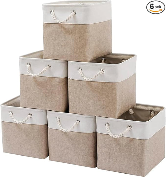 Mangata Canvas Storage Boxes, 11.8 Inch Cube Storage Bins Set of 6 for 12 Inch Cabinets, Fabric Baskets with Cotton Rope Handle for Organizing Clothes Nursery Home (Khaki/White)