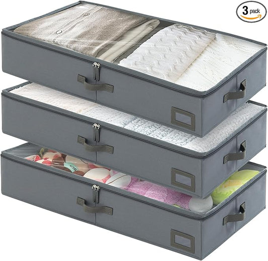 6-Inch Under Bed Storage Containers (3-Pack) | Sturdy Sidewalls | Clear Cover & Label Holder | Underbed Organizer for Crib/Couch | Stores Clothing/Blankets/Wrapping Paper/Toys