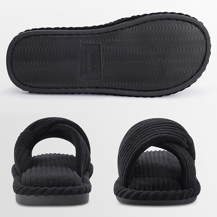 Evshine Summer House Slippers for Women Corduroy Cross Bow Indoor Slippers Open Toe Slip On Bedroom Shoes with Memory Foam