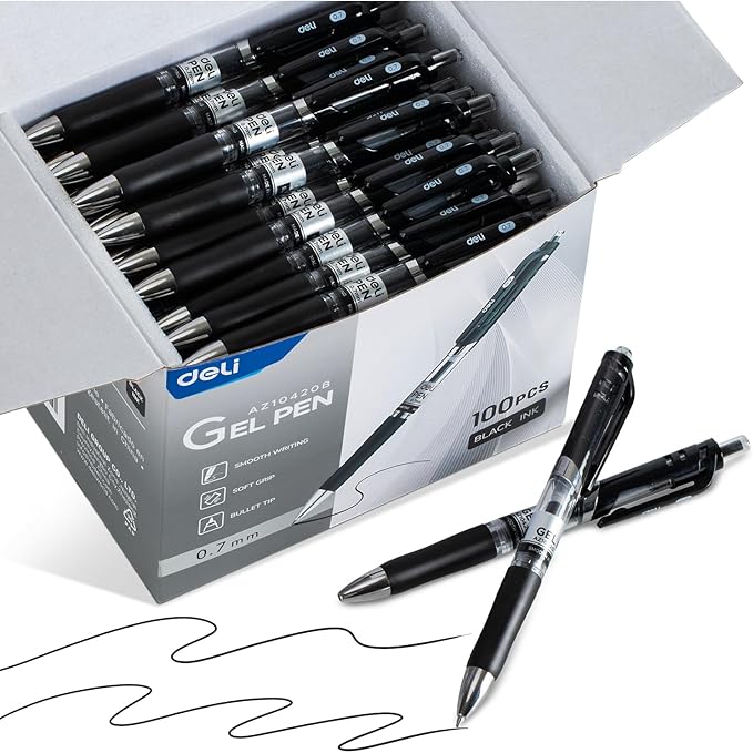 deli Gel Pens, 100 Pcs Retractable Pens Black Ink, Medium Point Pen 0.7mm, Smooth Writing, Fast Dry, No Bleed for Journaling Note Taking, Home School Office Supplies