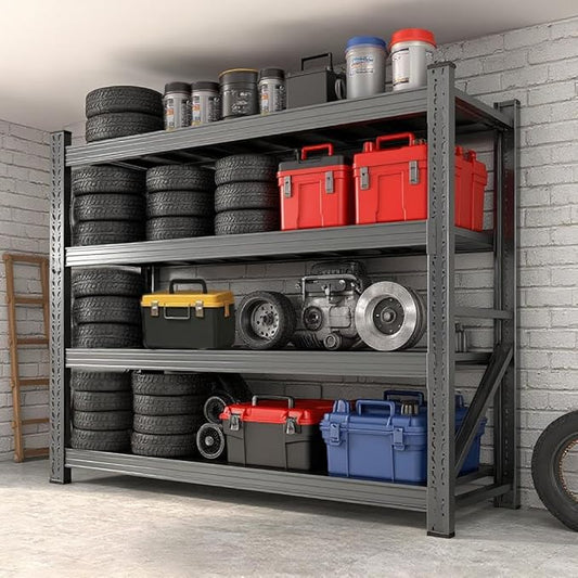 59" W Garage Shelving, Heavy Duty 4 Tier Metal Storage Shelves, Adjustable Industrial Shelving Unit for Garage, Warehouse, Workshop