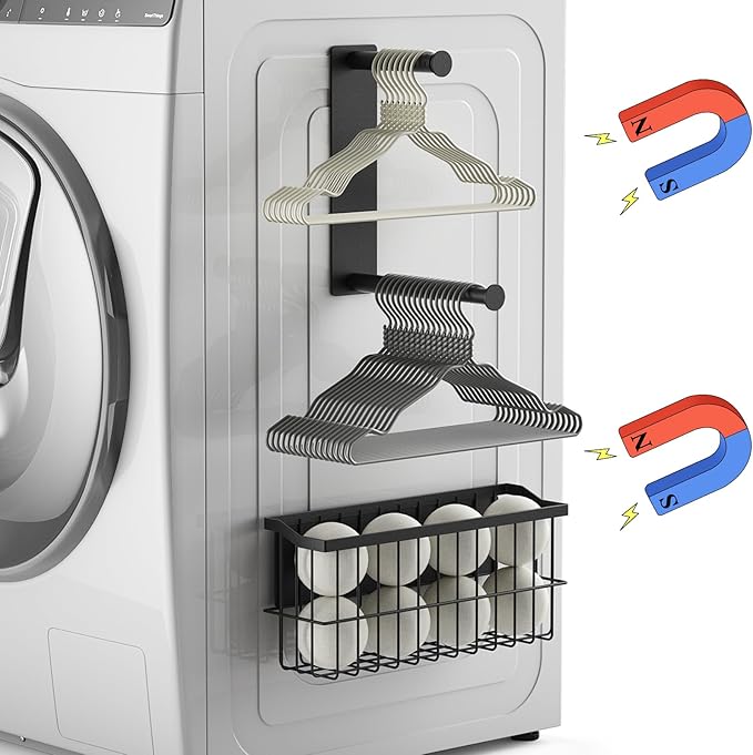 MFTEK Magnetic Dryer Ball Holder and Magnetic Hanger Holder for Laundry Room Organization, Extendable Hanger Organizer Stacker, Magnet Lint Bin, Metal Basket Dryer Ball Container Set (Black)