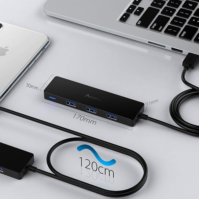 Aceele USB Hub 3.0 Splitter with 4ft Extension Long Cable Cord, 4-Port Ultra-Slim Multiport Expander for Desktop Computer PC, Laptop, Chromebook, Mac Mini, iMac, PS4, Flash Drive Data and More