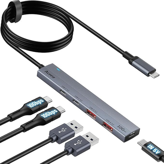 Aceele 10Gbps USB C Hub with 4 USB 3.2 Ports (2 USB A & 2 USB C), USB 3.2 Gen 2 3.3ft USB Cable Extender Hub with Type-C Power Port,Compatible for MacBook Pro 2021, iPad Pro 2021 and Other PC