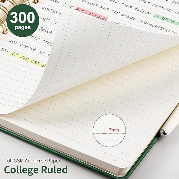 EMSHOI B5 Hardcover Leather Spiral Notebook College Ruled, 300 Numbered Pages, 100 GSM Thick Paper - Lined Journal for Men Women Work, Writing & Note-Taking, 7.48"x10.15", Dark Green