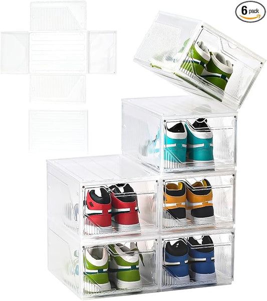 Modular XX-Large Shoe Organizer,6 Pack Shoe Storage Organizer Easy to Assemble,Shoe Box Clear Plastic Stackable,Drop Front Shoe Box with magnetic Door, Containers For Sneaker,Fit up to US Size 15