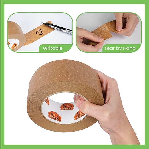Eco-Friendly Kraft Paper Tape, Biodegradable Heavy Duty Packing Tape 2Inch x 55Yard, Recyclable Packaging Tape Self Adhesive Box Tape for Shipping, Sealing, Moving & Masking, 12Rolls