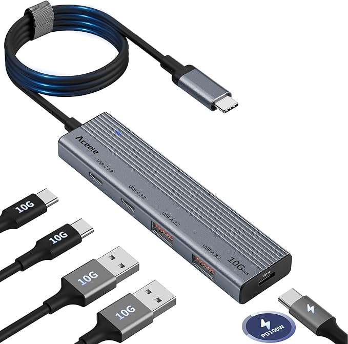 Aceele USB C Hub 10Gbps, USB 3.2 Gen 2 HUB with 2 USB-C 3.2 and 2 USB-A 3.2 Port, 100W PD Charging, 3.3FT Cable Type C Splitter for MacBook Pro/Air, iPad Pro and More(Not Support Extend Monitor)