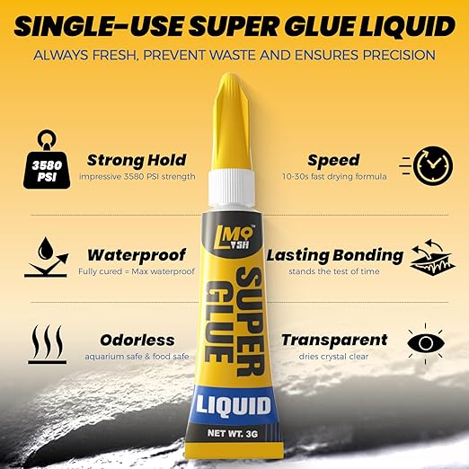 Super Glue 6x3g Liquid CA Glue, Clear Cyanoacrylate Adhesive Single Use for Shoe Sole Repair Ceramic Plastic Model Metal Wood Aquarium Leather Pottery Glass, Food Safe Strong and Instant Bonding