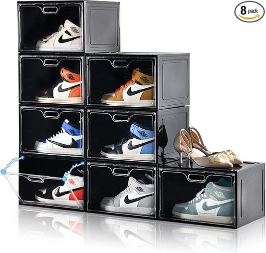 8 Pack Shoe Boxes Black Plastic Stackable, Large Shoe Storage Organizer,Drop Side Front Shoe Containers for Entryway,Sneaker Storage Fit up to US Size 13 for Men/Women(13’’x 10.6”x 8.3”)