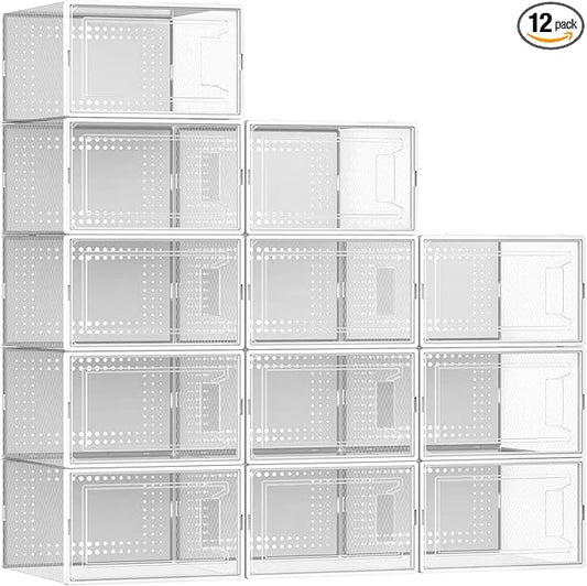 Secret Space 12 Pack XX Large Shoe Organizer Storage Boxes for Closet, Modular Space Saving Shoe Boxes Clear Plastic Stackable Sneaker Containers Display Case with Lids, Pearl White03