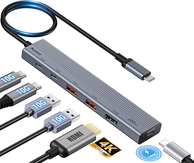 Aceele USB C Hub, 6 in 1 USBC Multiport Adapter with 10Gbps 2 USB C 3.2 and 2 USB A 3.2 Data Port, 4K 60Hz HDMI, 100W Power Delivery for MacBook Pro/Air, iPad Pro, iMac, Surface, XPS and More