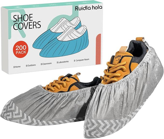 Shoe Covers Disposable 200 Pack (100 Pairs), Non-Woven Booties for Shoes, Durable Non-Slip Shoe Protectors for Indoors, Breathable Stretch Fit – L & XL Sizes, Black/Grey/Printed Options