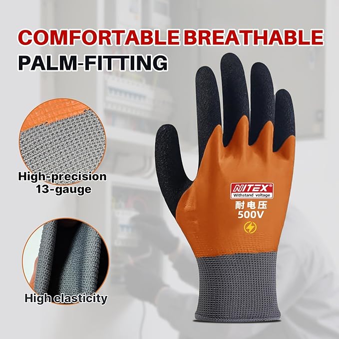 Electrical Insulated Gloves, 500V High Voltage Resistance Electrician Safety Gloves, Rubber Non Slip Work Gloves (500V|double insulated, 2pcs-Large)