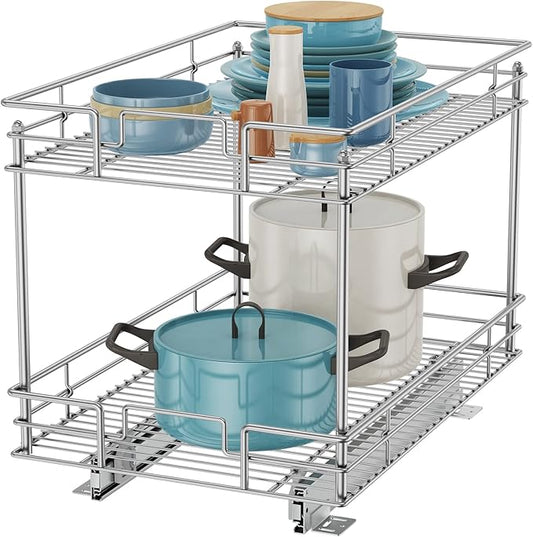 ROOMTEC Pull Out Cabinet Organizer 20" W x 21" D, Kitchen Cabinet Organizer and Storage 2-Tier Cabinet Pull Out Shelves Under Cabinet Storage for Kitchen Chrome