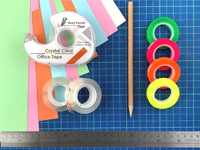 Greyparrot Office Clear Office Refill Tape Rolls + Dispenser(8 Pack),(3/4” X 1000in/pack). for Craft Jobs, Gift Wrapping, Office Work Clear(Transparent) Glossy Finish, Refillable (8000 inch/total)