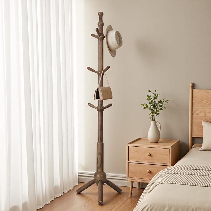 Wooden Coat Rack Stand - Coat Rack Freestanding with 9 Hooks, Adjustable Height, Clothes Hat Organizer, Heavy Duty Coat Hanger Stand for Bedroom, Entryway, Hallway, Office, Dorm, Walnut