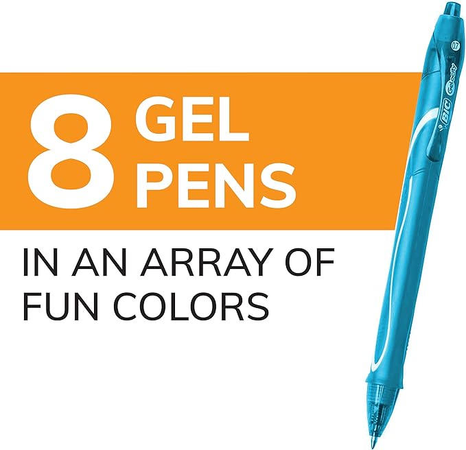BIC Gelocity Quick Dry Assorted Colors Gel Pens, Medium Point (0.7mm), 8-Count Pack, Retractable Gel Pens With Comfortable Full Grip