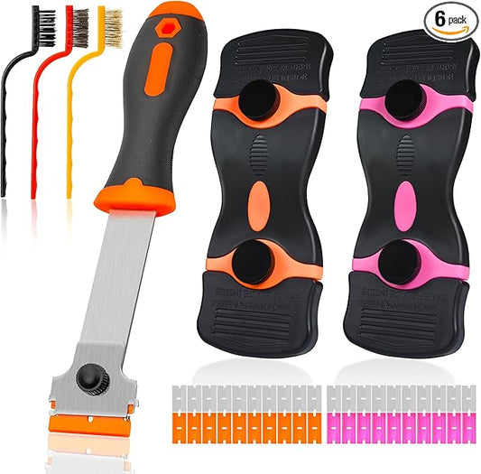 6PCS Razor Blade Scraper Tool, 3Pack Razor Scraper Set with Extra 40Pcs Blades and 3Pcs Wire Brush Set, Glass Top Stove Scraper, Paint Scraper, Cleaning Scraper Tool for Windows, Glass, Sticker