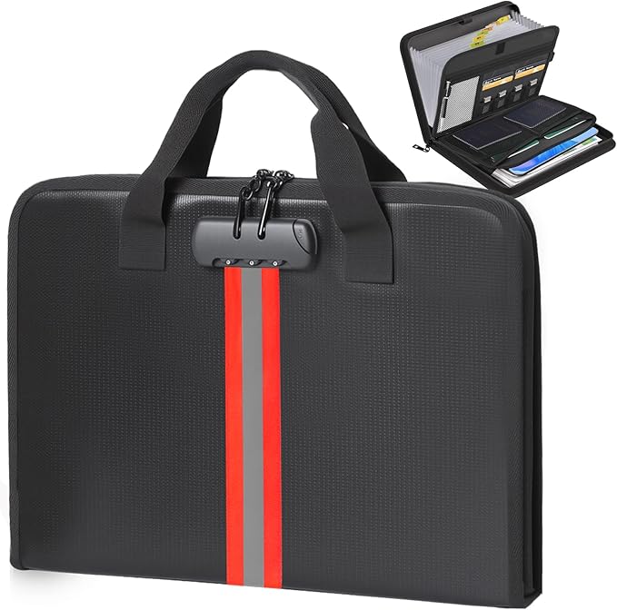 Accordion File Organizer with Combination Lock,Fireproof Expanding File Folder with Multi Pockets,13 Pockets Document Organizer with Handle & Labels,Portable Home Travel Safe Storage Letter A4 Files