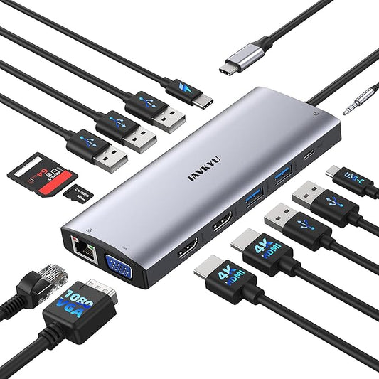 Laptop Docking Station Dual Monitor,14 in 1 USB C Docking Station fo dell hp USB C Hub Multiport Adapter with 2HDMI 4K+VGA+Ethernet+5USB+1USB C+100W PD+SD/TF+Audio,USBC Dock Dongle for Windows Laptop