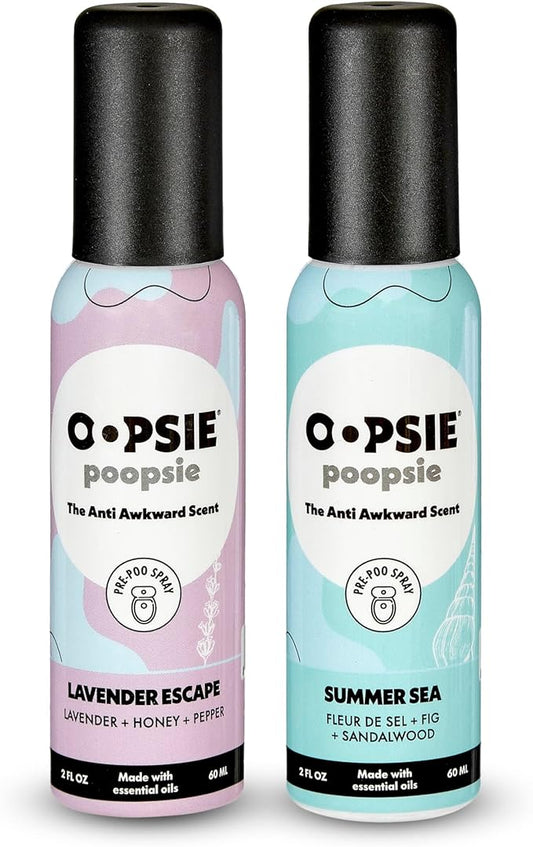 Oopsie Poopsie Pre GO toilet spray, discreet & portable original Pre-poo spray to use on the go. Assorted scents Lavender Scape/Summer Sea Toilet Odor Eliminator 2oz bottle Gift Set 2 pack