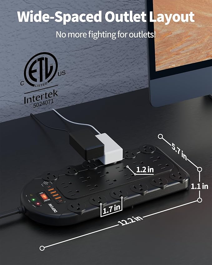 Power Strip, 24 AC Outlets (1875W/15A) with 6 USBs (2 USB-C Ports), Surge Protector (3,400 Joules), 10Ft Heavy Duty Flat Plug Extension Cord, Wall Mountable for Home, Office, Black, ETL Listed