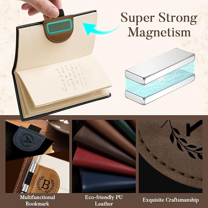Personalized Bygone Mark Bookmark with Pen Holder,Engraving Leather Magnetic Bookmarks Vintage 26 Letters Name Initials Text Book Marker Clips Gifts for Reading Book Lovers Women (Blue, W)