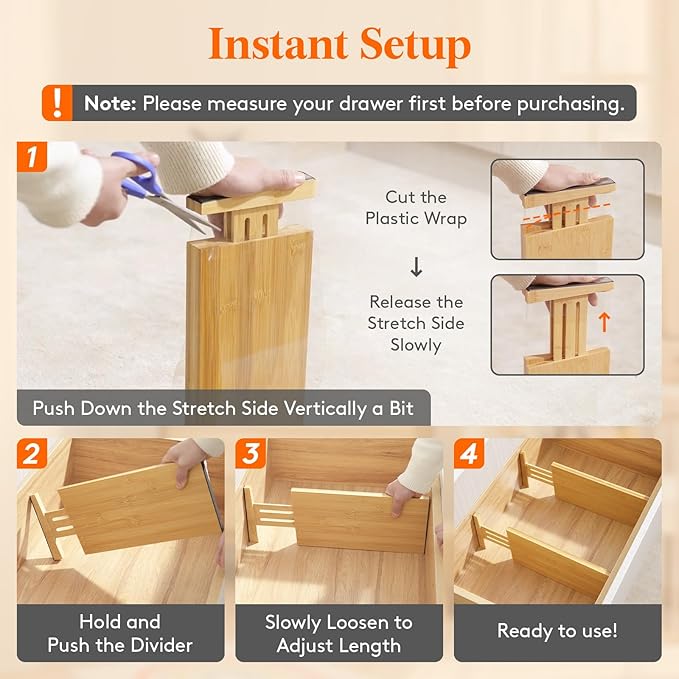Lifewit 4 Pack Drawer Dividers Bamboo 6" High, 11-17" Adjustable Drawer Organizers for Clothes, Expandable Dresser Separators in Bedroom/Bathroom/Kitchen/Fridge/Office Organization and Storage