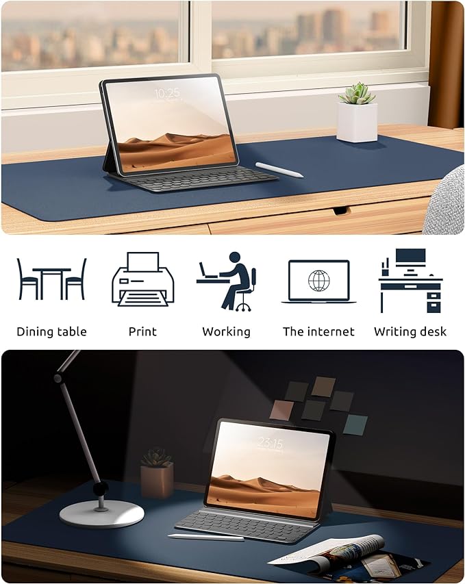 YSAGi Leather Desk Protector, Office Mat, Large Mouse Mat, Non-Slip PU Leather Blotter, Laptop Pad, Waterproof Writing Pad for Office and Home (Dark Blue, 35.4" x 17")