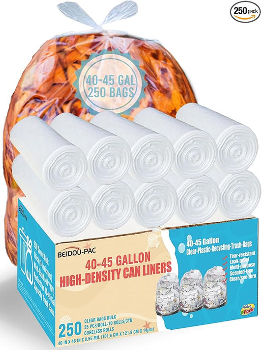 40-45 Gallon Trash Bags, 250 Count Bulk, Heavy Duty Clear Plastic Recycling Garbage Bags, Multi-purpose Can Liners for Business Home Commercial, Industrial Contractors, Storage, Outdoor