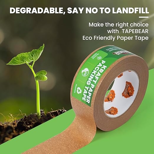 Eco-Friendly Kraft Paper Tape, Biodegradable Heavy Duty Packing Tape 2Inch x 55Yard, Recyclable Packaging Tape Self Adhesive Box Tape for Shipping, Sealing, Moving & Masking, 12Rolls