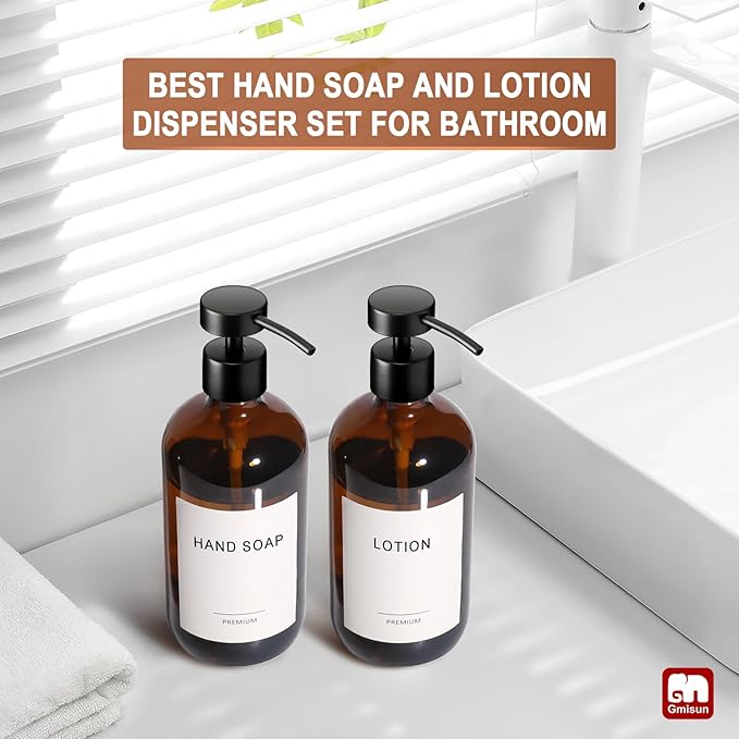 GMISUN Amber Glass Soap Dispenser, 2 Pack Bathroom Hand Soap Dispensers with Stainless Steel Flat Pump, 17 Fl Oz Kitchen Dish Soap Dispenser, Modern Vintage Liquid Brown Soap Dispensers Bottle Set
