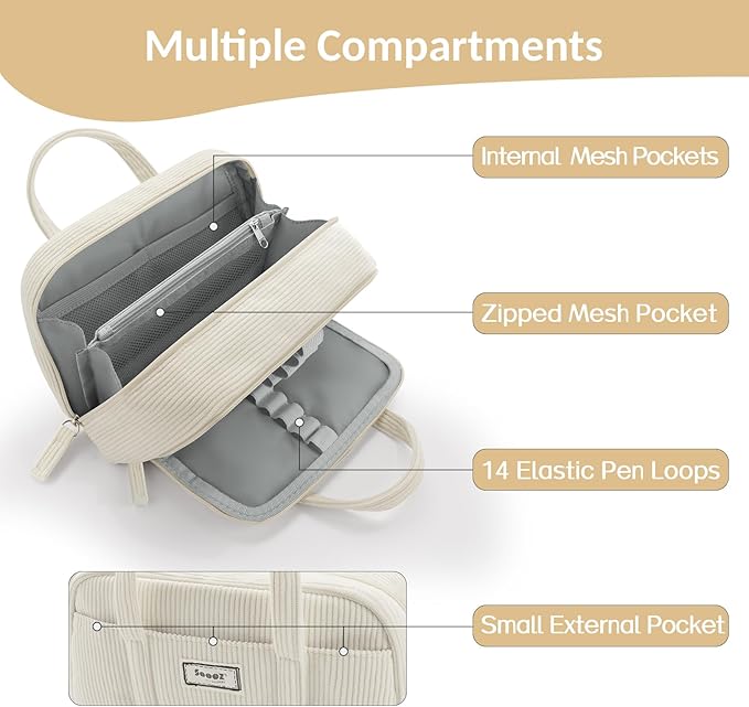 Sooez Large Pencil Case Pouch, Extra Big Pencil Bag with 5 Compartments, Pen Bag Wide Opening, Soft Corduroy Pencil Pouch Organizer with Zipper, Cute Aesthetic School Supplies for Teen Girls-Sky Blue
