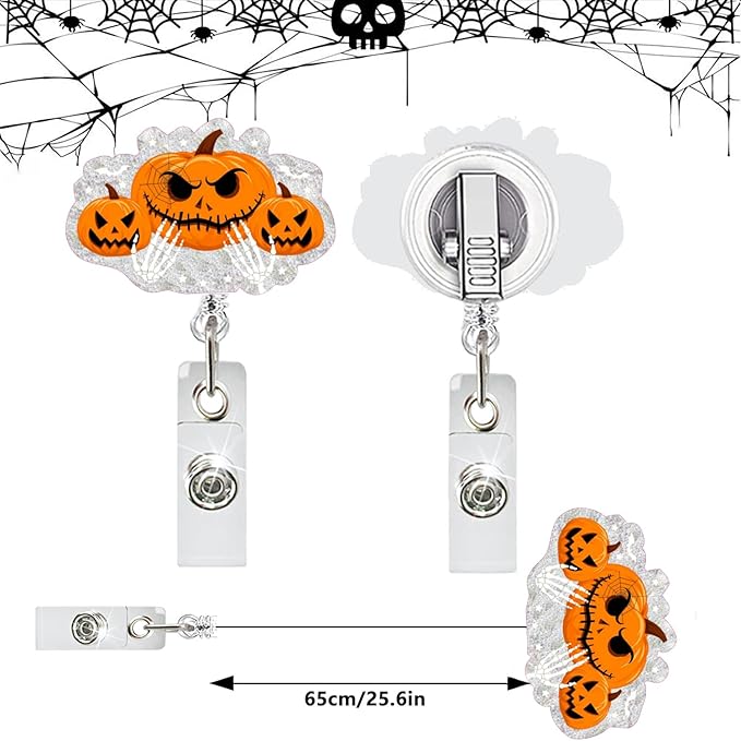 Halloween Pumpkin Badge Reel Cute Glitter Badge Holder Badge Clip Nurse Badge Reel Halloween Handbone Retractable Name Badge Name Tag Holder Nursing Student Social Worker Gift for Coworker