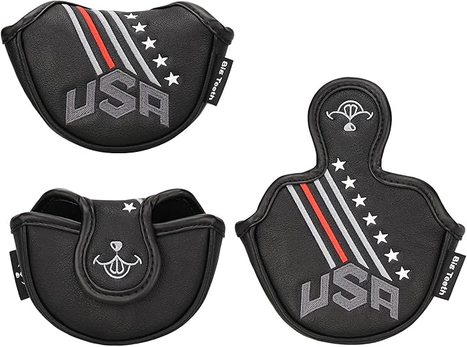 BIG TEETH Putter Cover Mallet Putter Cover Half Mallet Small Golf Headcover, Mini Club Head Protector Magnetic Closure Black Leather for Odyssey White Hot #5 Golf Rossie Tour Edge Chipper etc