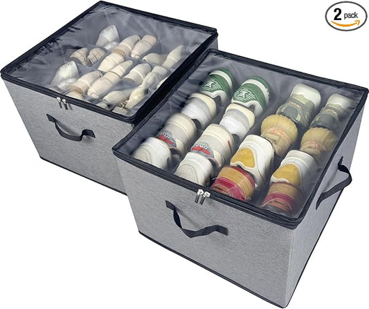 Shoe Organizer Box 2 Pack, Shoe Storage Organizer with Clear Cover, Adjustable Dividers Fits 16-32 Pairs, Fabric Shoe Organizer for Closet, Grey
