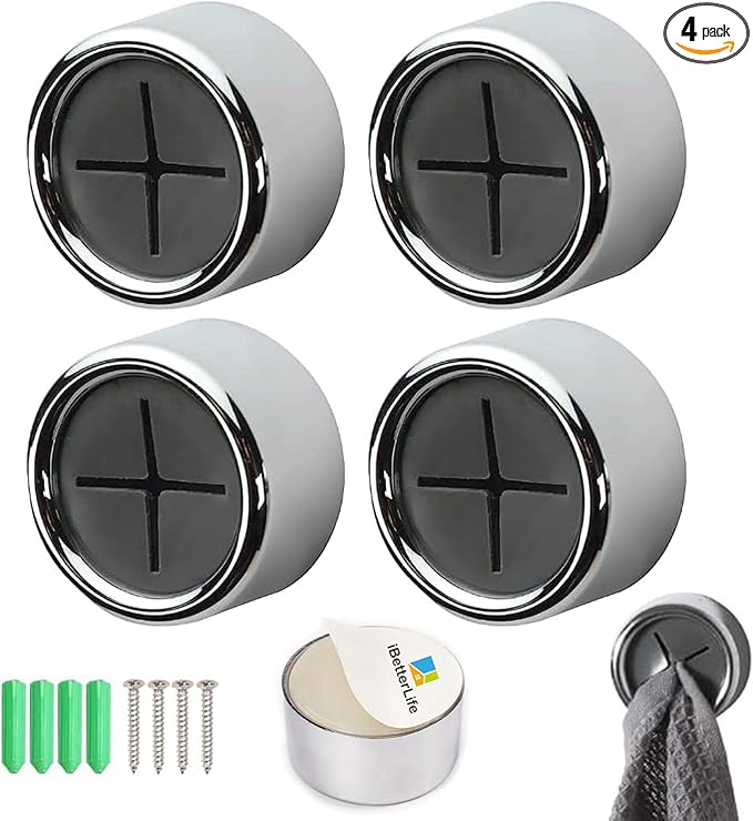iBetterLife Adhesive Towel Holder for Kitchen - 4 Pack Dish Towel Hooks for Cabinet, Push Hand Towel Hanger, Dish Cloth Rag Holder for Home Bathrooms, Kitchens, Garages, RV, Within Easy Reach, Grey