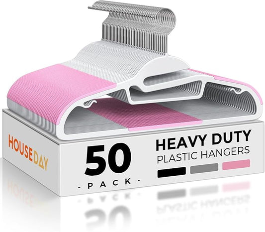 HOUSE DAY Pink Plastic Hangers 50 Pack, Slim Space Saving, Non Slip Hangers with Rubber Pads, Sturdy Coat Hanger for Closet, S-Shaped Clothes Hanger for Shirt, Suit, Pant, Skirt