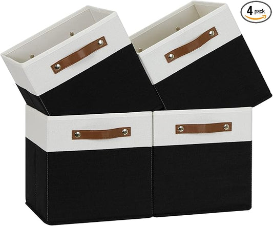 Temary 11 inch Cube Storage Bin 4 Pack Fabric Storage Cubes for Home, Fabric Storage Bin Storage Cube Bins with Leather Handles(White&Black)