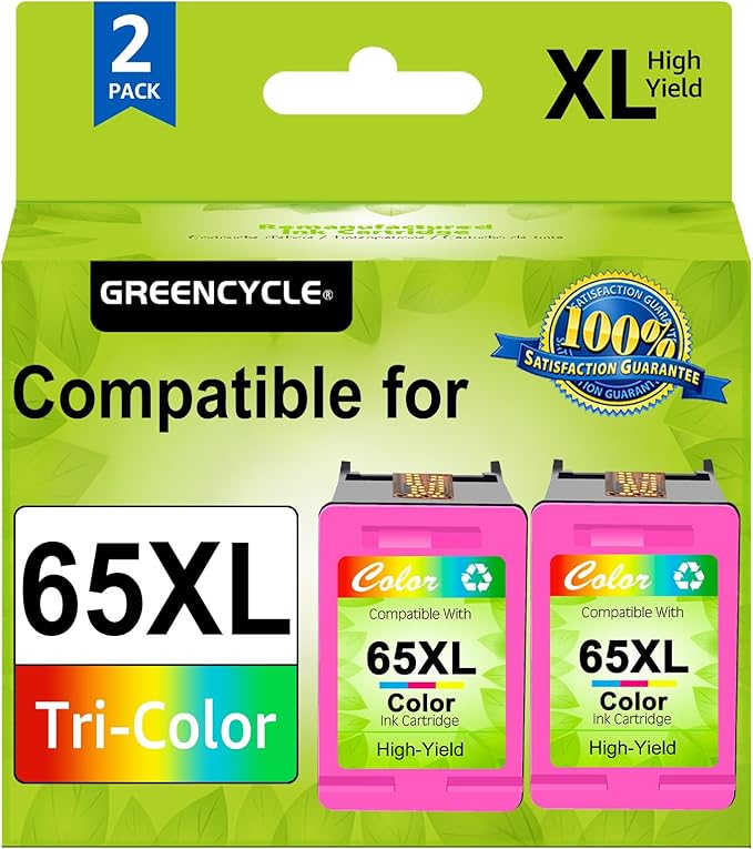 greencycle Remanufactured Ink Cartridge Replacement for HP 65 65xl Compatible for Envy 5055 5052 Deskjet 2655 3755 2622 2624 3758 3752 3732 3730 3722 3721 Printer (2 Pack, Tri-Color)