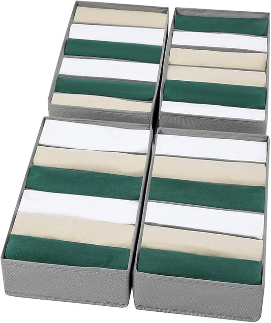 4 Packs T-shirt Drawer Organizers for Clothing,6 Grids Compartment Wardrobe Storage Box, Washable Clothes Organizer for Folded Clothes, T-shirt, Legging, Silk Scarve