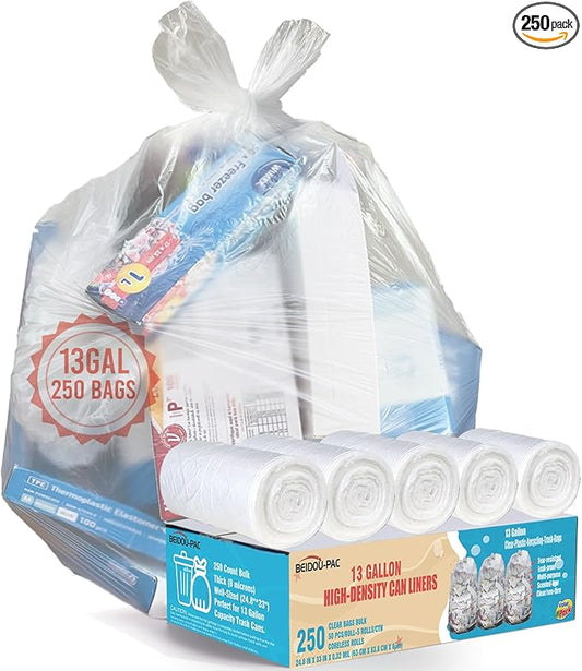 Trash Bags 13 Gallon, 250 Count Bulk, Clear Plastic Recycling Garbage Bags, Multi-purpose Tall Kitchen Trash Bags Can Liners for Business Home Commercial and Industrial