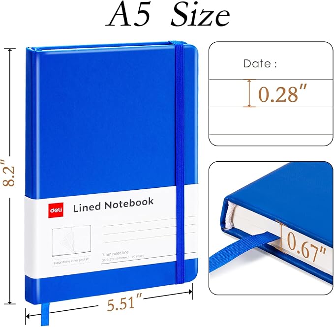 deli 6-Pack Blue Lined Journal Notebook, 160 Pages Hardcover Writing Notebook, A5 (5.5"x8.2") College Ruled Notebook for Office, School, Work Notes