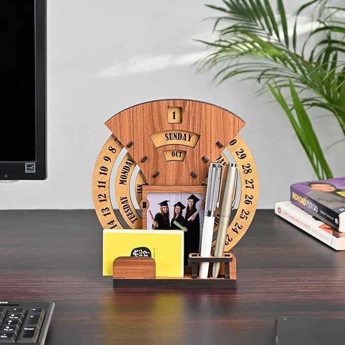 GKD Calendar To Lifetime, Calendar With Desk Organizer And Photo Frame For Office, Home Decor, Corporate Gifts (Dark Wood Eco Friendly)