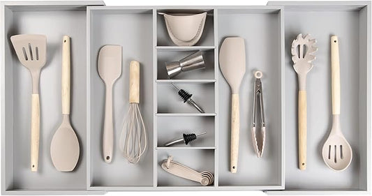 KitchenEdge Adjustable Kitchen Drawer Organizer for Utensils and Junk, Food-Safe Contract Grade with 100% Sustainable Wood, Expandable from 19 to 33 Inches Wide - Gray Bamboo