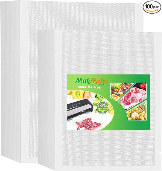 MakMeFre100 Count Vacuum Sealer Bags 50 of Each Size 50 Quart 8"X12"and 50 Gallon11"X16", BPA Free Sous Vide Seal a Meal Commercial Grade Vacuum Seal PreCut Combo Pack Bag