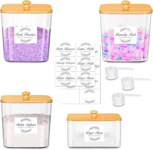 efluky 4 Pack Laundry Pods Container & Dryer Sheet Holder Set,Clear Laundry Room Organization Containers with Bamboo Lids and Labels,Laundry Pods Holder for Scent Booster,Powder,Pod