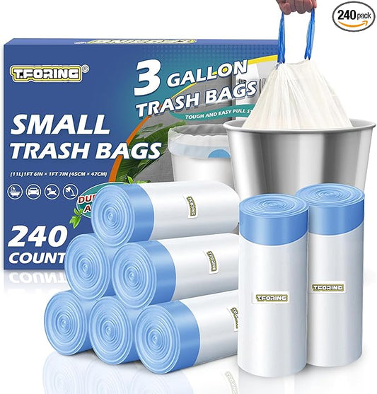 240 Count 3 Gallon Trash Bags Drawstring - 12 Liter Small Garbage Bags for Bathroom, 0.96 Mil Strong White Unscented Plastic Wastebasket Bin Liners for Toilet Office and Bedroom