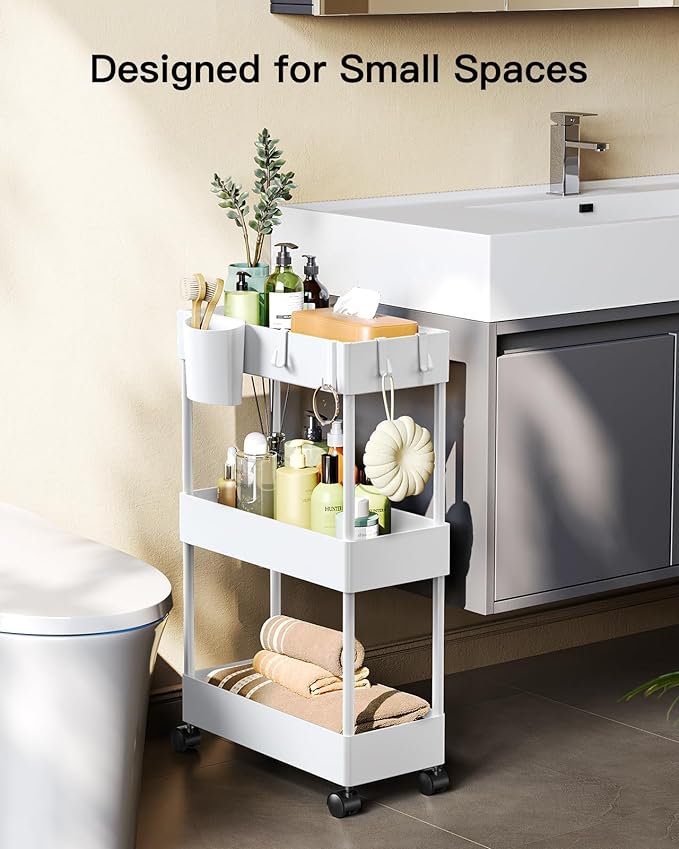 Pipishell Slim Storage Cart with Wheels, Bathroom Cart Organizer Bathroom Storage Small, Rolling Cart for Bathroom, Laundry Room, Kitchen, Narrow Space, White PIUC04W